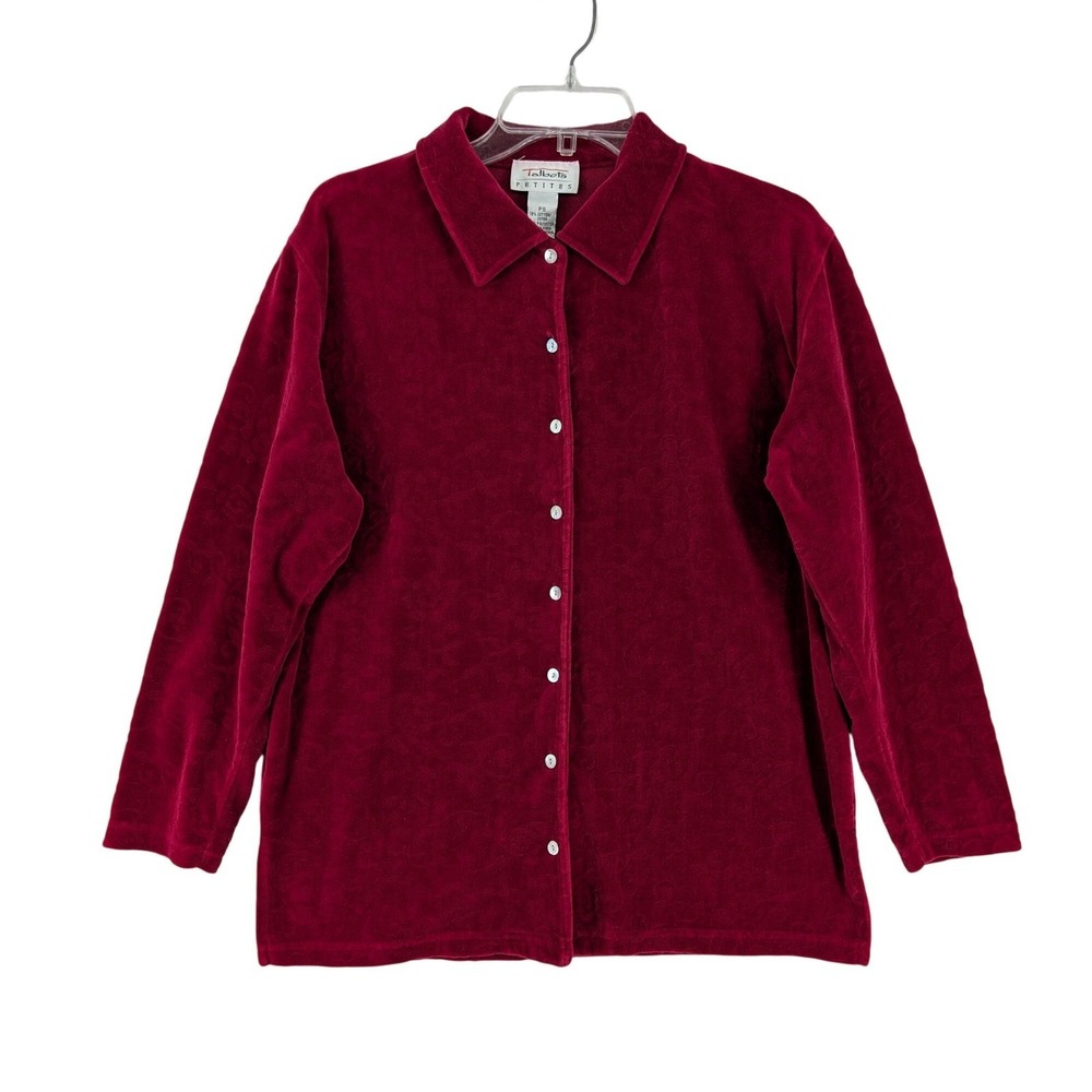Talbots Velour Button Down PS Burgundy Red Embossed Floral Damask Soft Luxe